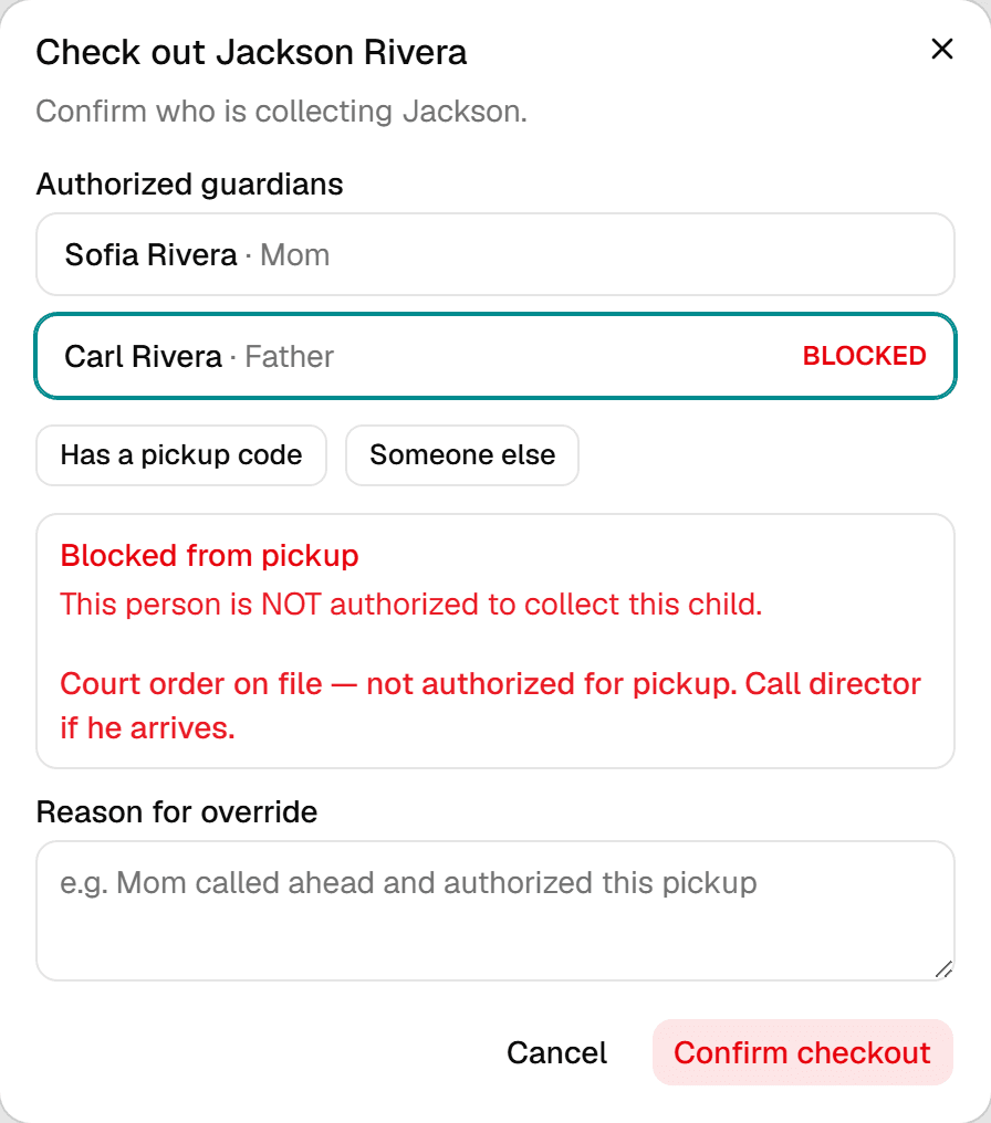 KidTally checkout warning shown when a custody-restricted guardian is selected.
