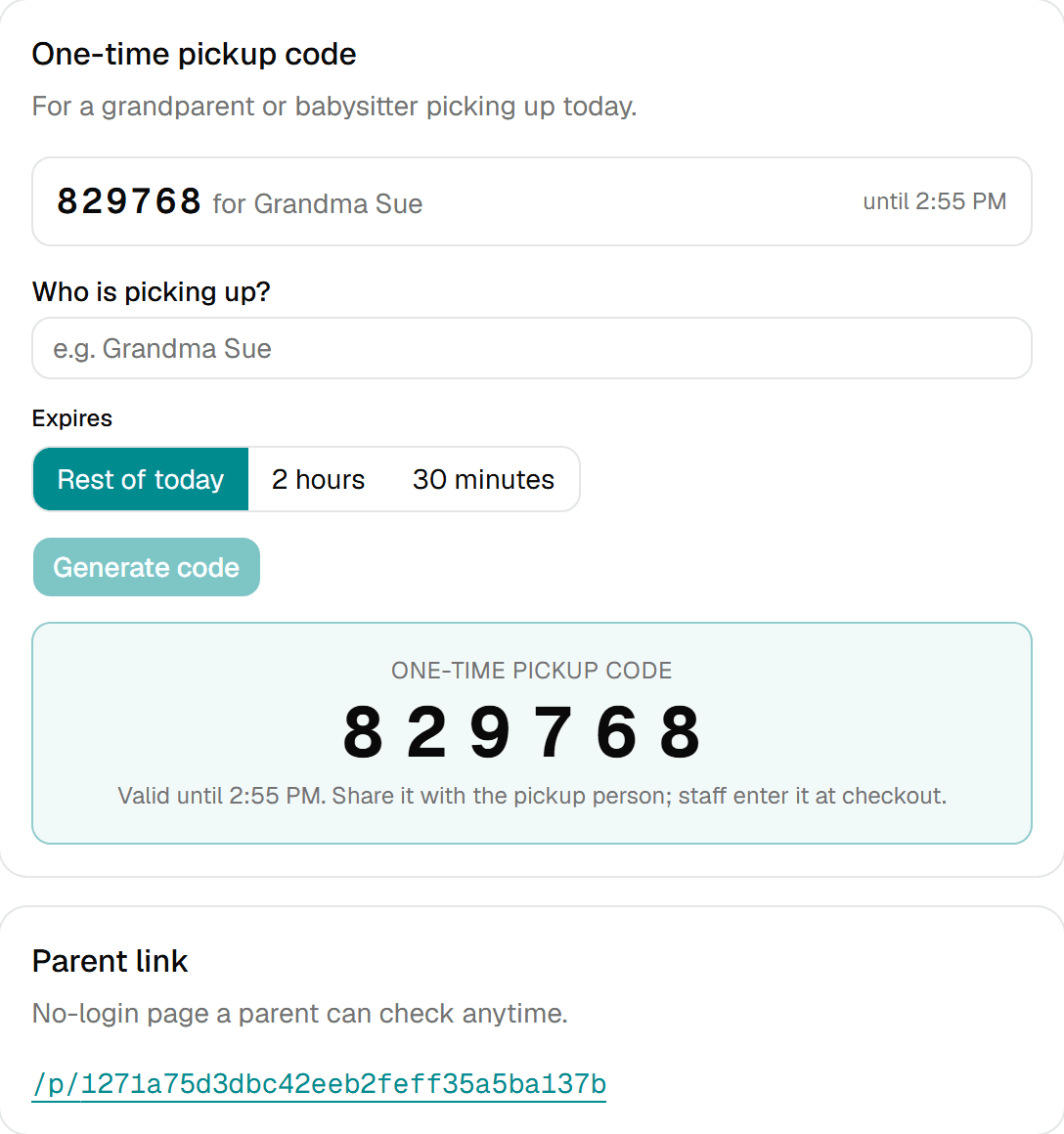 KidTally screen generating a one-time 6-digit pickup code for a child.
